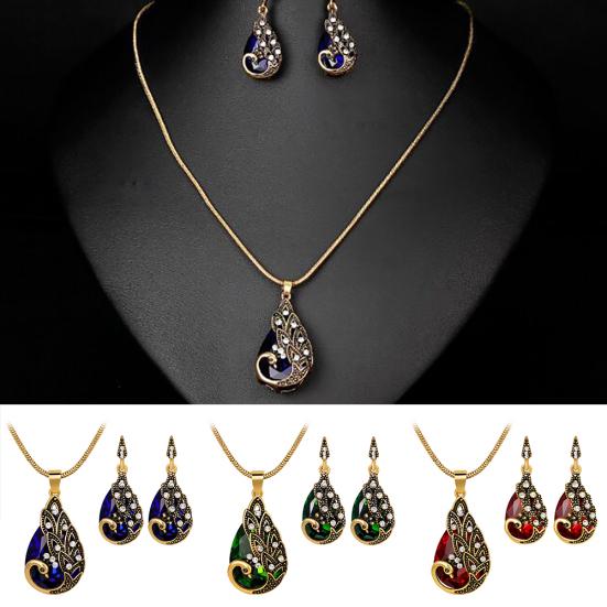 3Pcs Rhinestone Earrings Jewelry Fake Gemstone Peacock Pendant Fashion Necklace