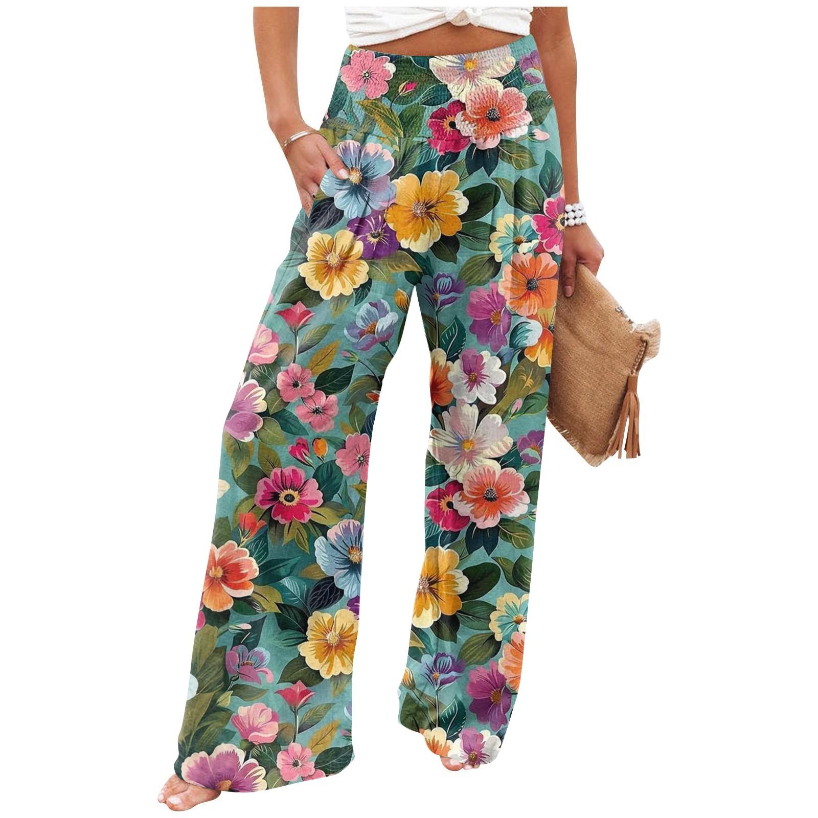 Women s Summer Elastic Waist Floral Printed Cotton And Linen Loose Pants M