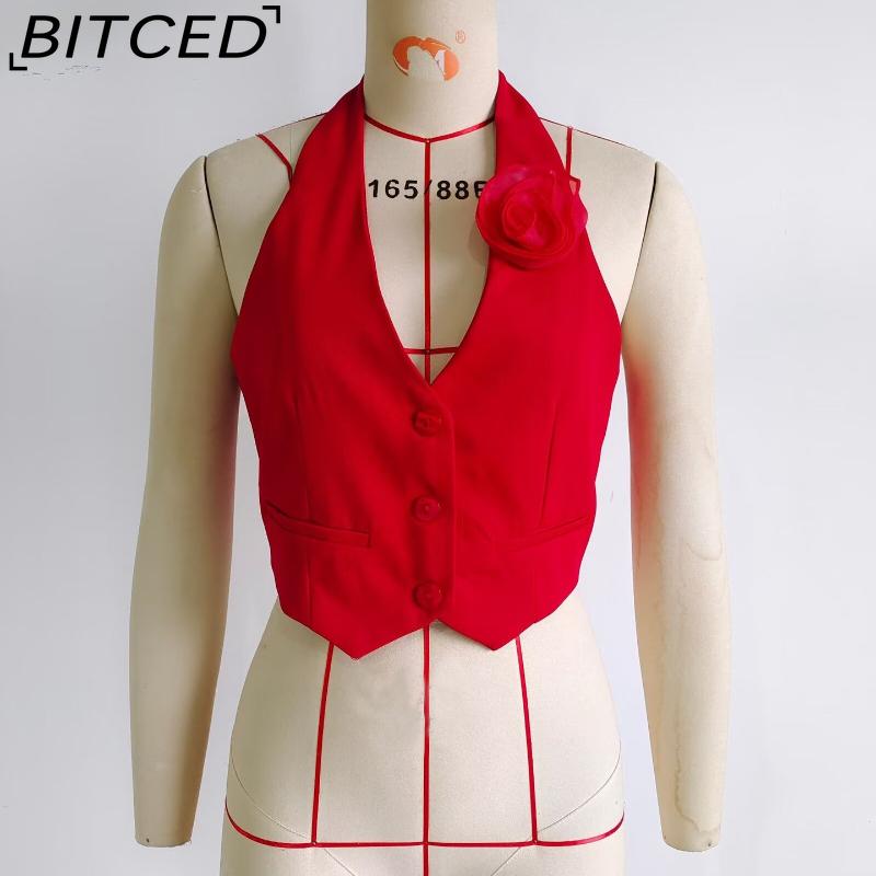 

BITCED Women s Spring/Autumn Fashion Sexy Floral-Embellished Halter Neck Top Vest Jacket L красный