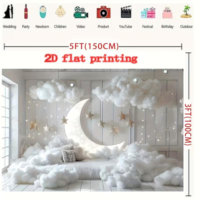 2D Flat Printing Neutral Moon & Cloud Backdrop with Twinkling Stars Baby Gender Reveal Background