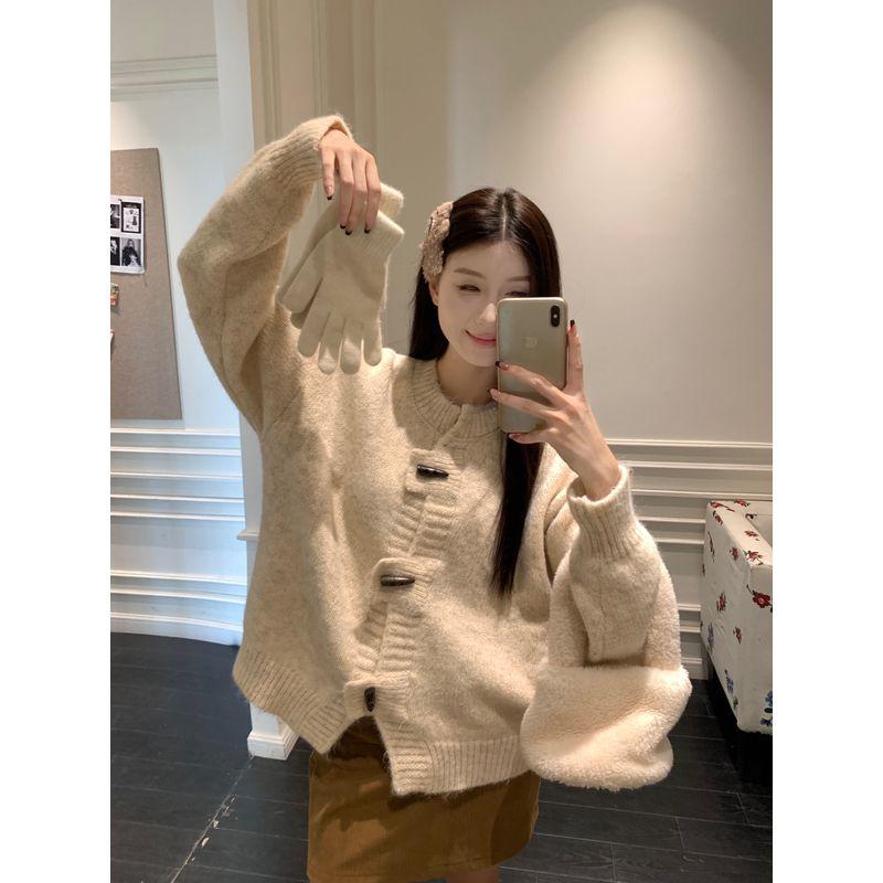 Kumikumi Gentle Style Solid Elegant Horn Buckle Long sleeve Knit cardigan Women clothes Autumn Loose All-Match Top