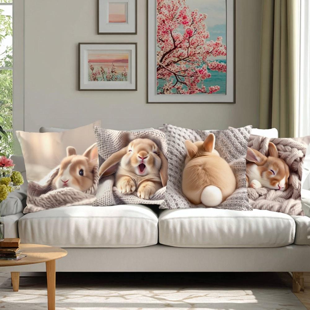 4Pcs Cute Bunny Rabbit Cushion Cover Sleeping Yawning Printed Pillow Case Polyester Home Decor Sofa Living Room 2D Flat