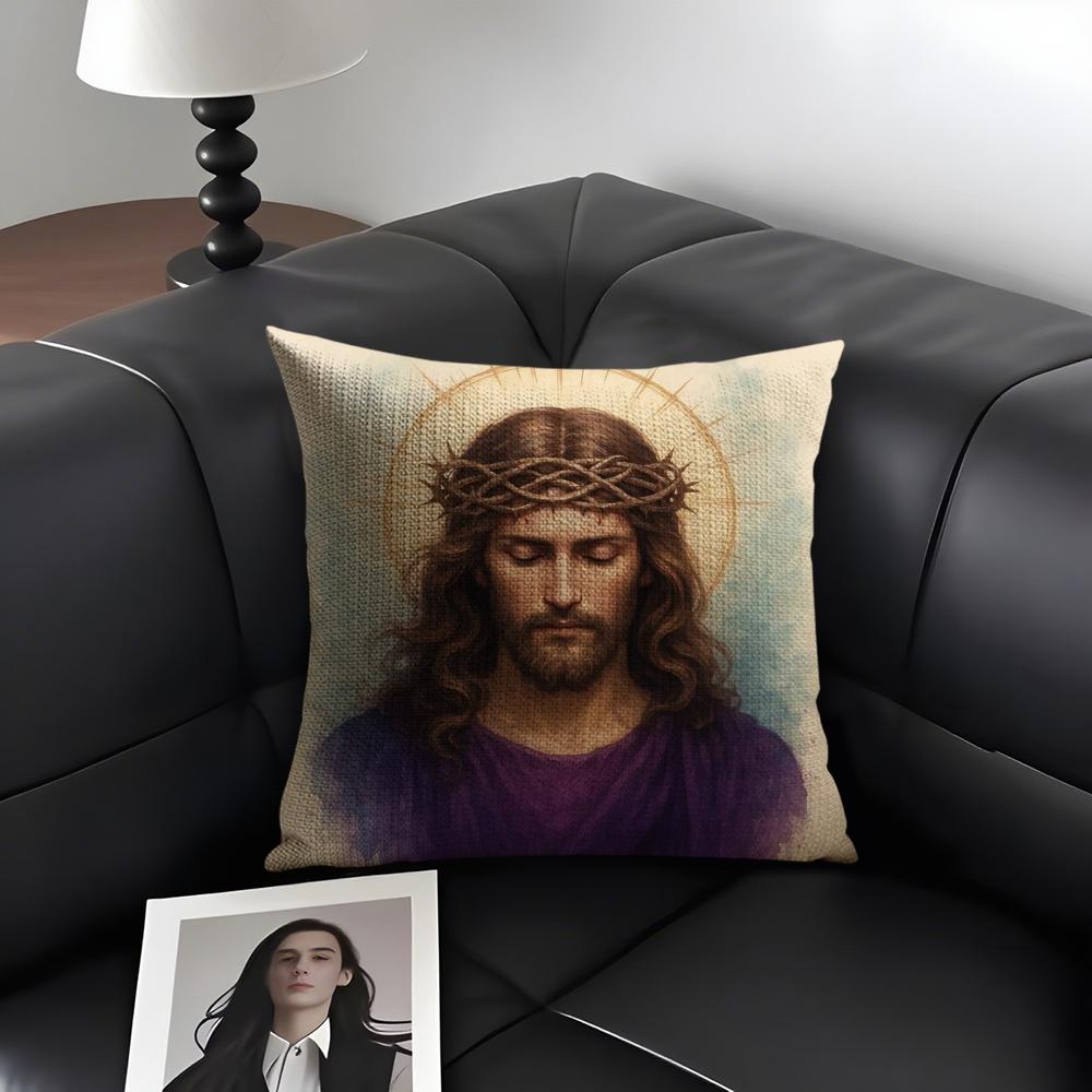 Jesus Christ Portrait Cushion Cover Natural Linen Organic Fabric DoubleSided Printing Sofa Home Decor Gift Pillow Case