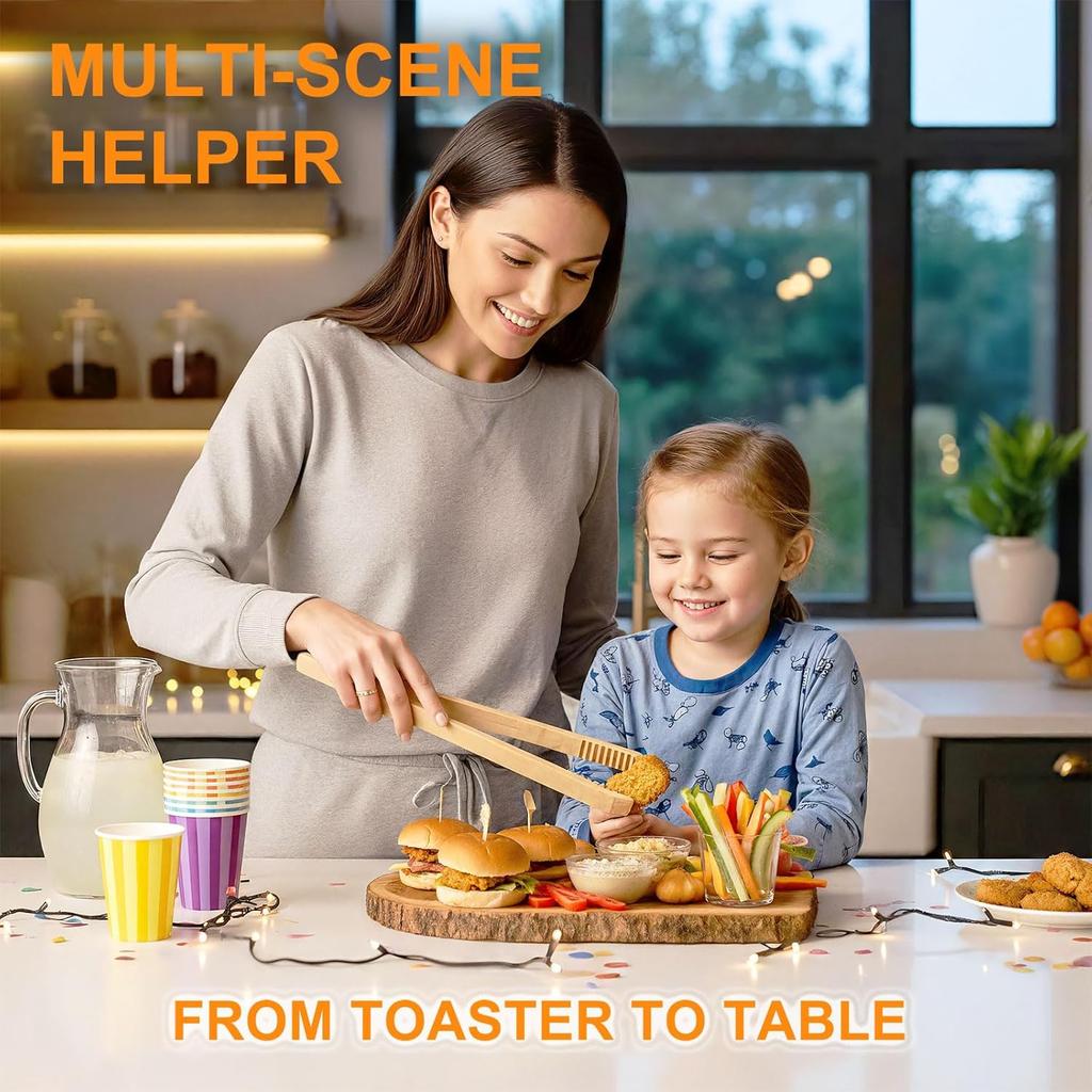 2 Pack Premium Bamboo Toaster Tongs, 10 Inches Natural Wooden Tongs with Serrated Tips for a Secure Grip On Toast, Bagels, Pastries, and Salads,