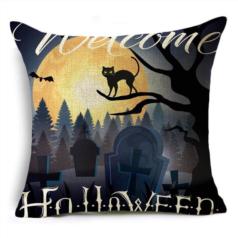 Ins Popular Purple Halloween Night Graveyard Pumpkins Linen Throw Pillowcase Decorative Cushion Cover For Sofa Living Room Party