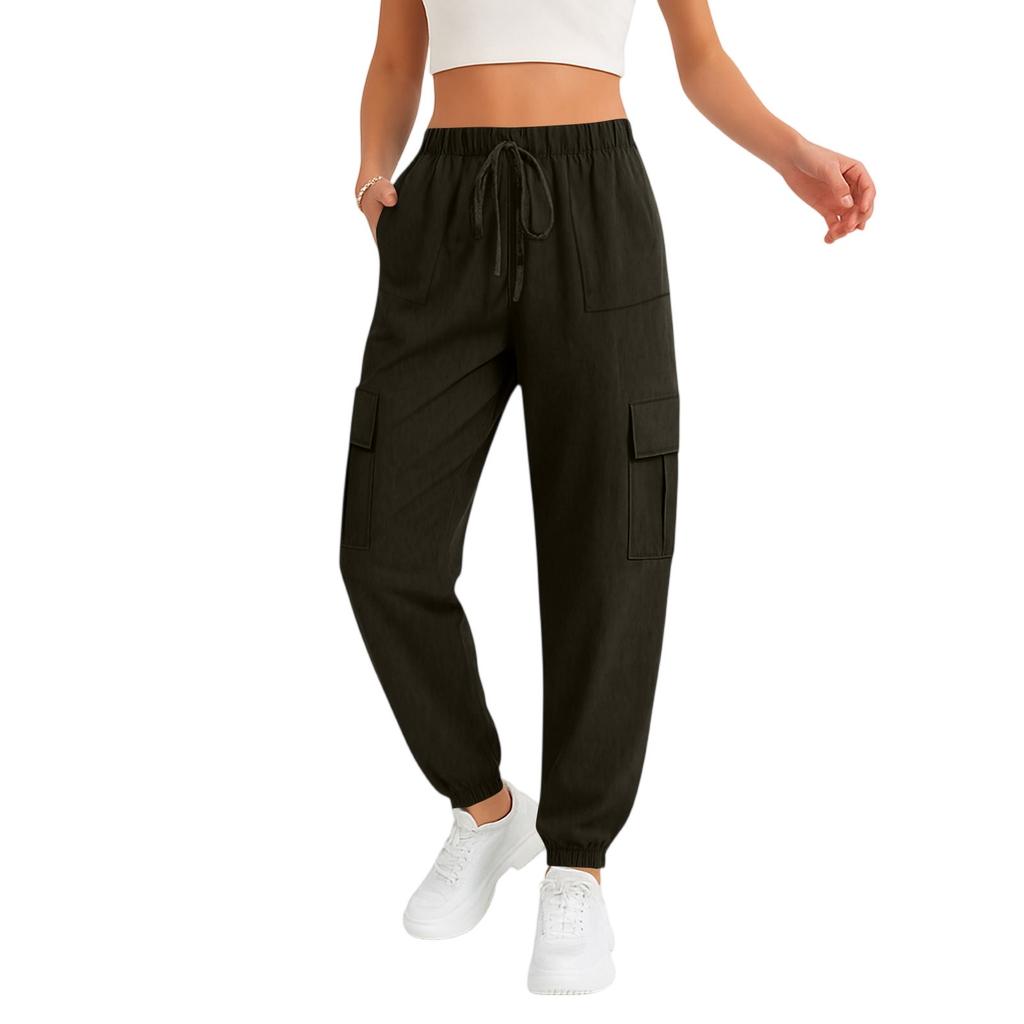 Women's Fashionable Solid Color Elastic Waist Pocket Versatile Casual Work Pants