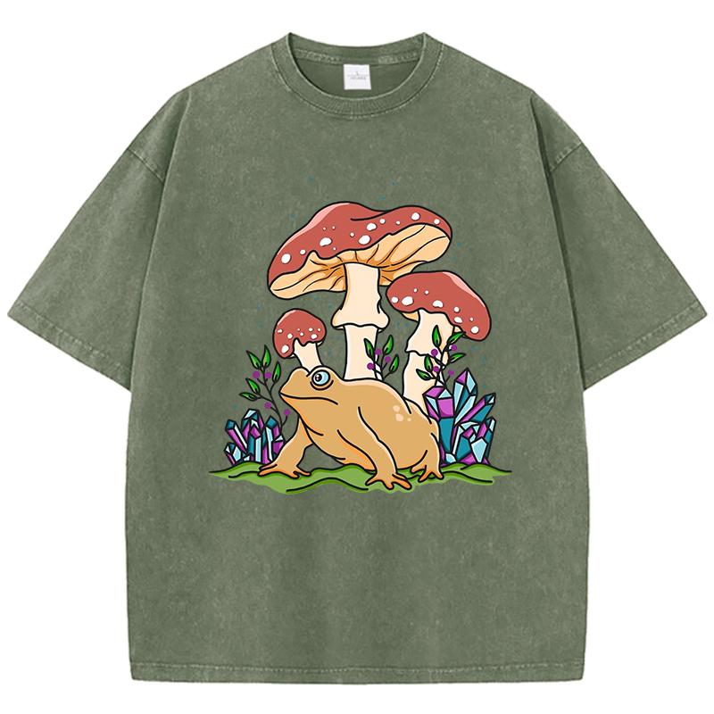 Aesthetics Mushroom Toad Printed Washed T-Shirt Women Crewneck Cotton T Shirt Oversized Y2K Clothes Vintage Summer S