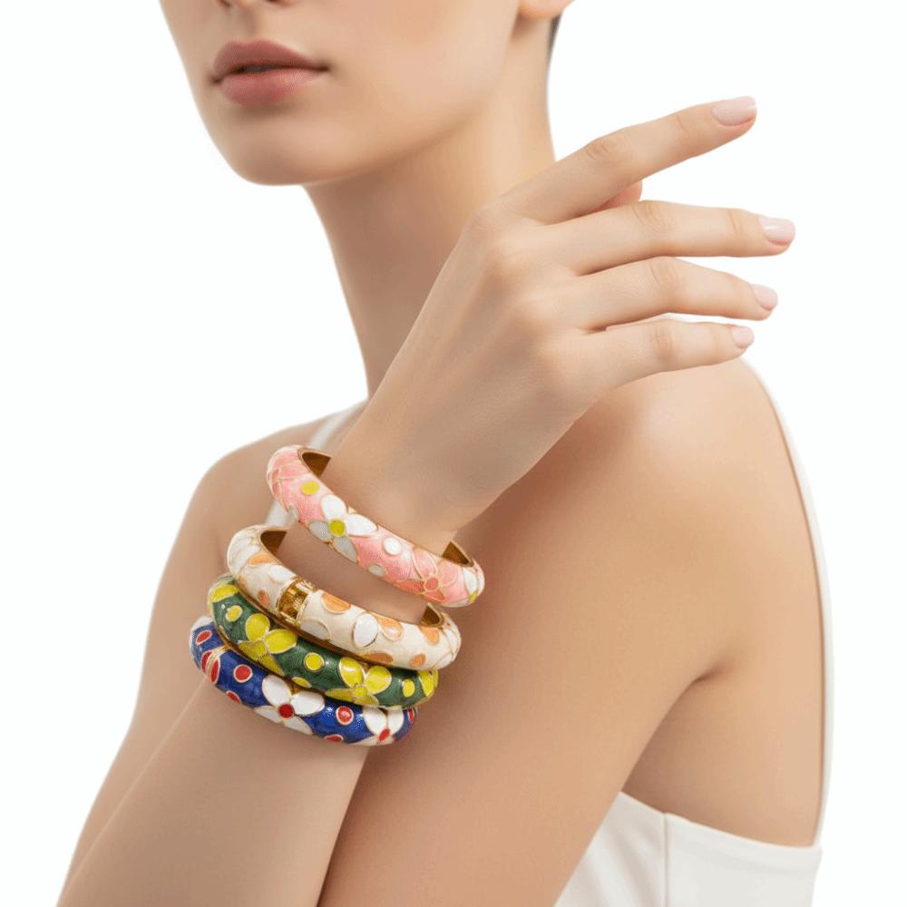 Chinese Style Enamel Flower Bangle Colorful Women's Hand Bracelet Vintage Cloisonne Bangle  Girls