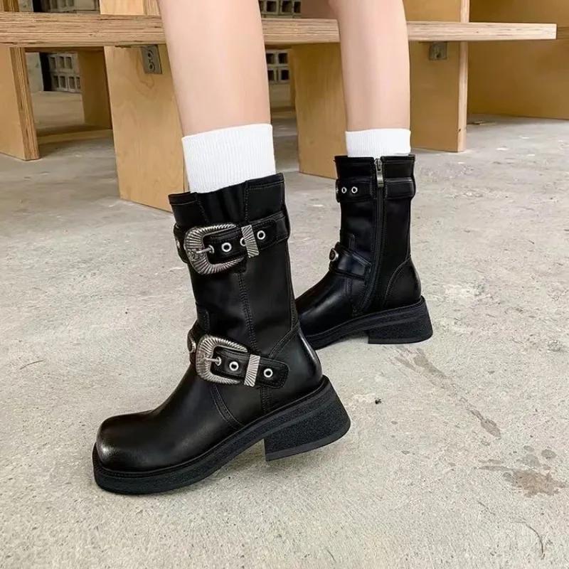 Fashion New Belt Buckle Height Increasing Knight Mid-calf Boots Autumn Winter Women Retro British Style Thick Soled Short Boots Size 43