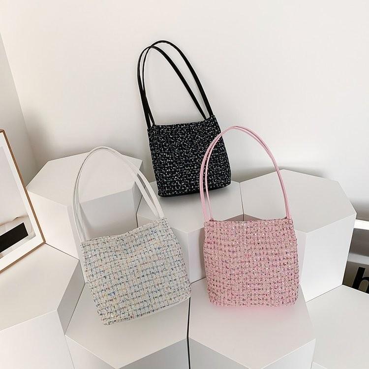 Stylish And Versatile Knitted Fabric Handbag In White Black And Pink For Women