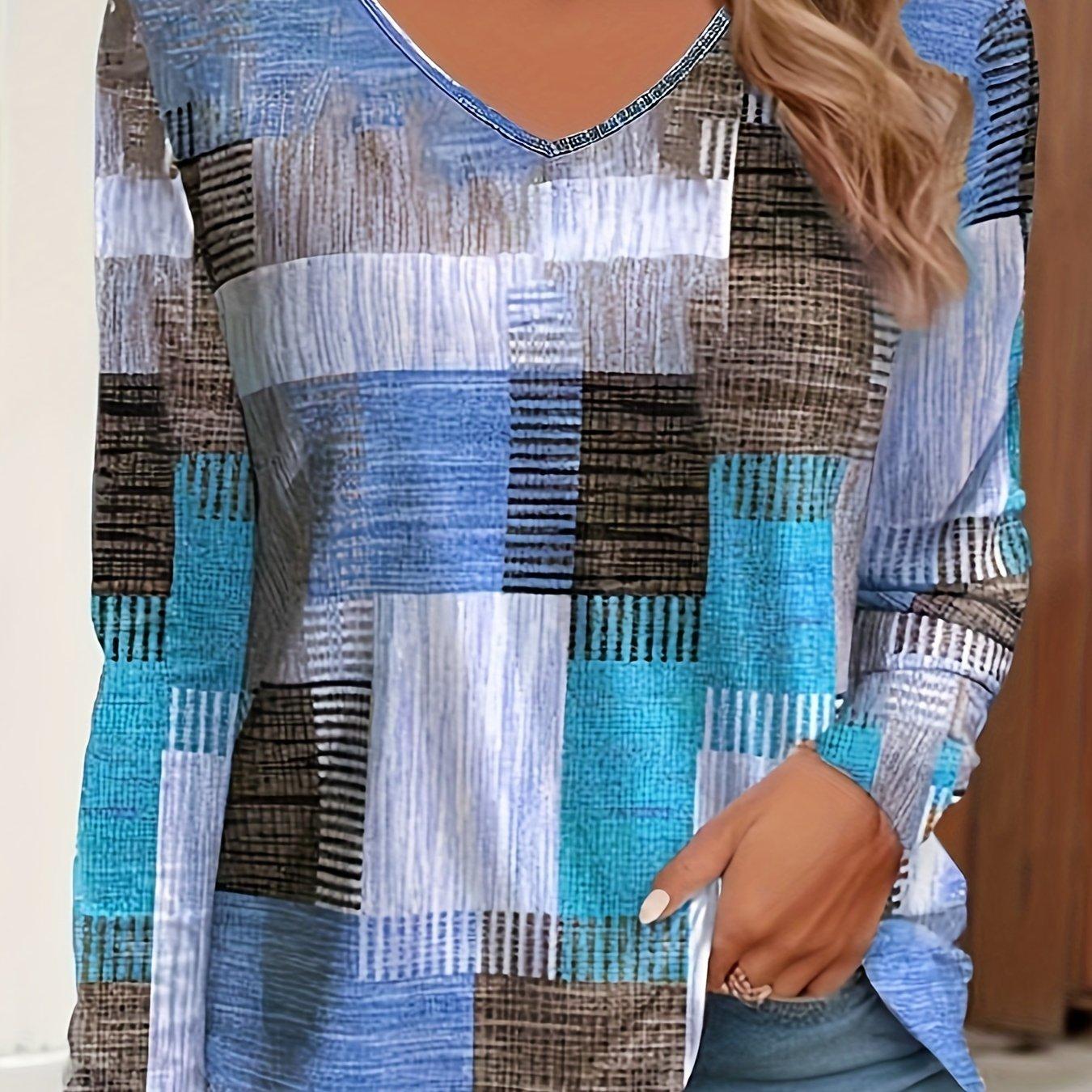 

Футболка большого размера, женская футболка с принтом в стиле пэчворк, с длинным рукавом и V-образным вырезом, средней эластичности 3XL