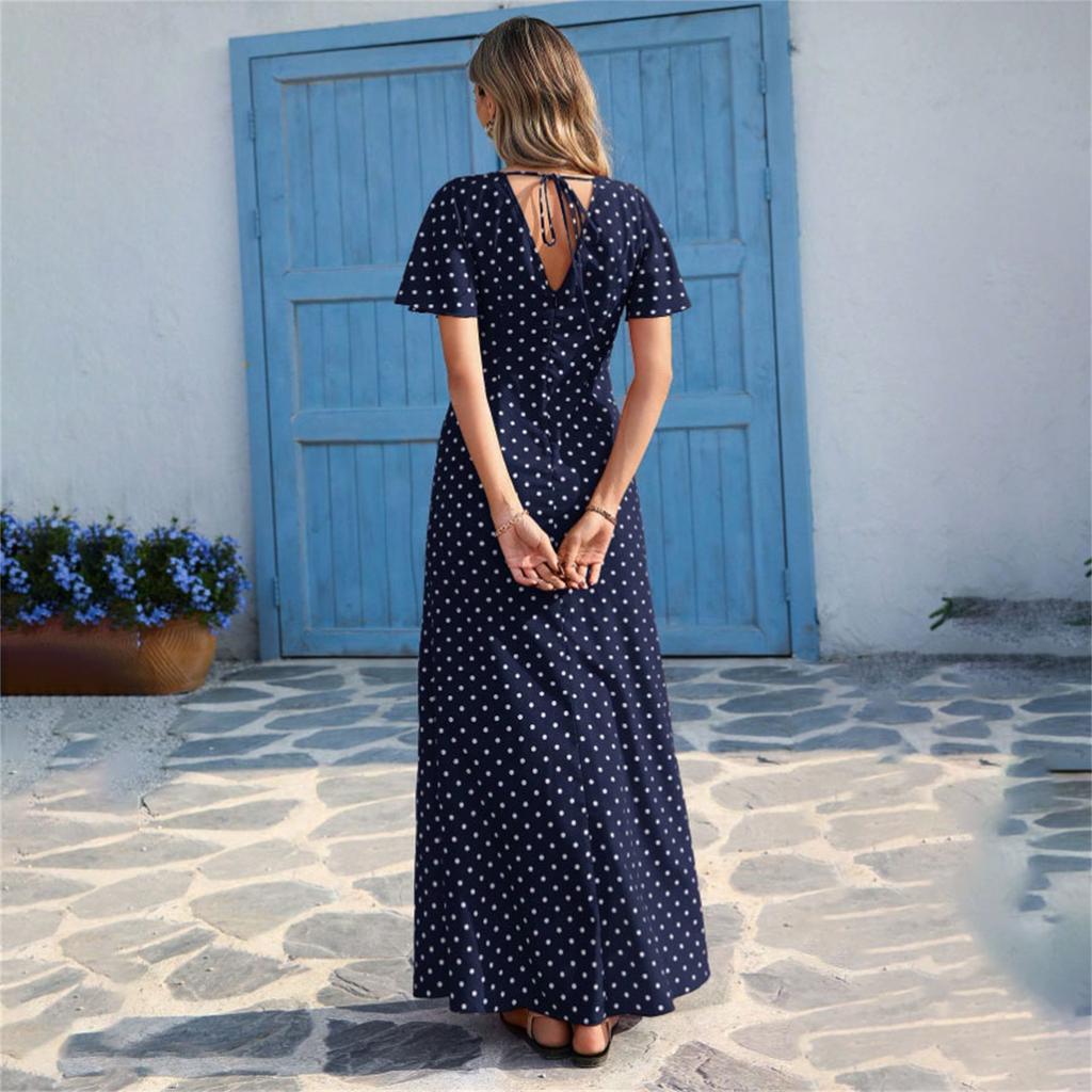 Women's Fashionable Casual V-Neck Backless Polka Dot Long Dress