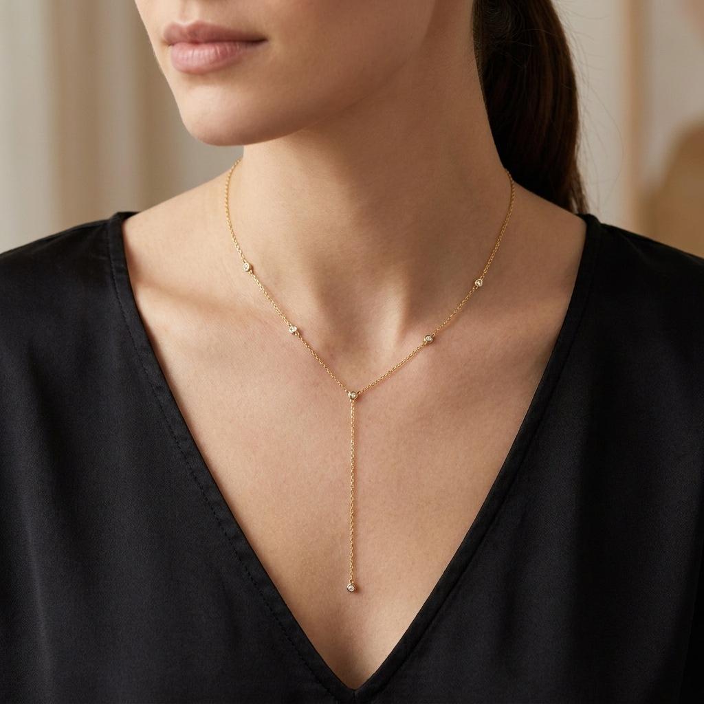 1Pc Golden‑Tone Y‑Shape Lariat Necklace Inlaid Shiny Crystal Bezel‑Set Pendant Dainty Minimalist Neck Chain Jewelry