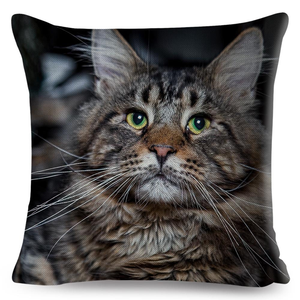 Maine Coon Cat Portrait Cushion Cover Realistic Animal Print Double Sided Soft Linen Home Decor Pillow Case