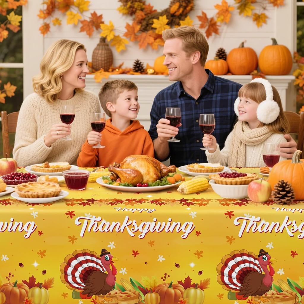 2 Pcs Happy Thanksgiving Tablecloth Disposable - Fall Turkey Tablecloths, Rectangle Pumpkin Maple Leaf Plastic Table Cover for Thanksgiving Table