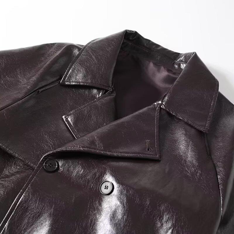 A new fashionable versatile glossy waist-cinched lapel leather trench coat