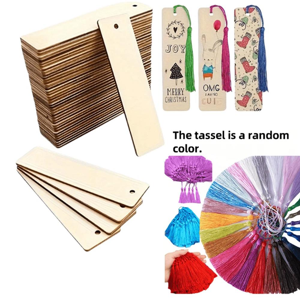 10/30/50/70Pcs Wooden Blank Bookmarks with Tassels Set DIY Wooden Craft Bookmarks Square Tag Wedding Birthday Party Decor