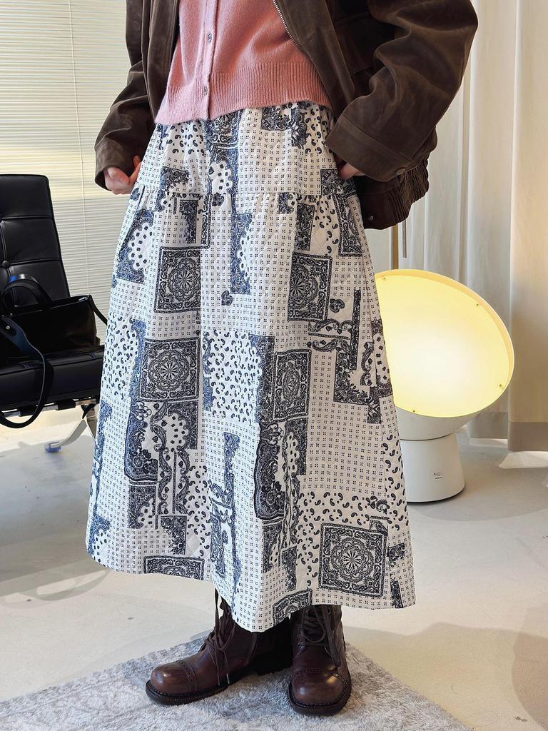 Louvre Winter Japanese Retro Paisley Patchwork Elastic Waist Long Skirt for Women