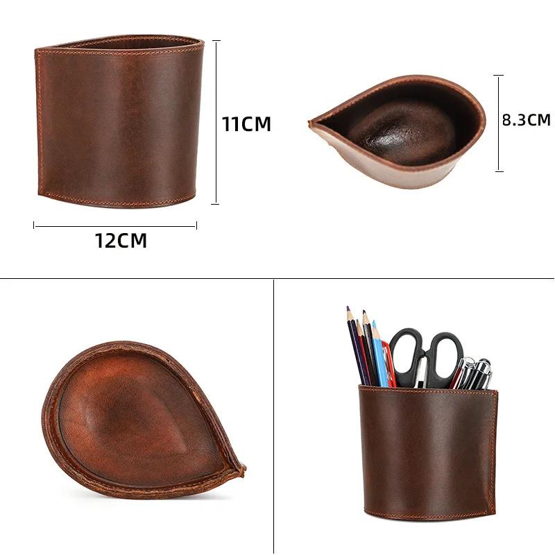 Retro Leather Round Pen Holder Desk Organizer Desktop Sundries Storage Tube Pencil Holder Accessories Office Supplies Stationery