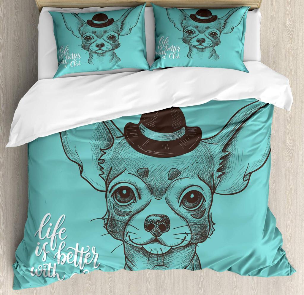 Niedliches Chihuahua Hund Bettbezug SetMädchen Chihuahua Mode Brille Schleifen WelpenBettwäsche Sets Einzelbett Einzelbett KingsizeBlassrosa