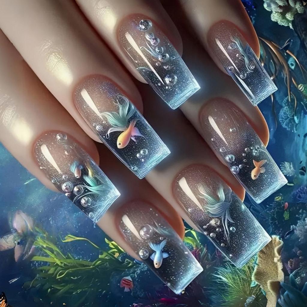Marine Life Press On Nail 24PCS Blue Dolphins Design Breathable ABS False Nail Comfortable Wear For Parties Weddings Daily Activities