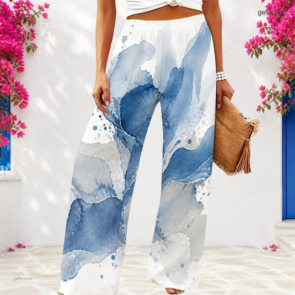 Women Plus Size Blue White Abstract Printed Wide Leg Full Length Loose Pants