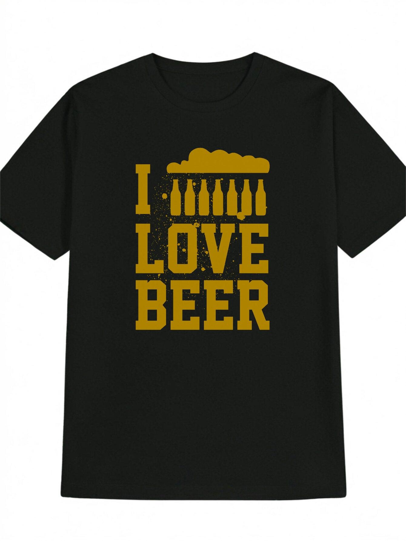 Casual Graphic T-shirt - I LOVE BEER Yellow Beer Bottle Print Black Tee XXXXL