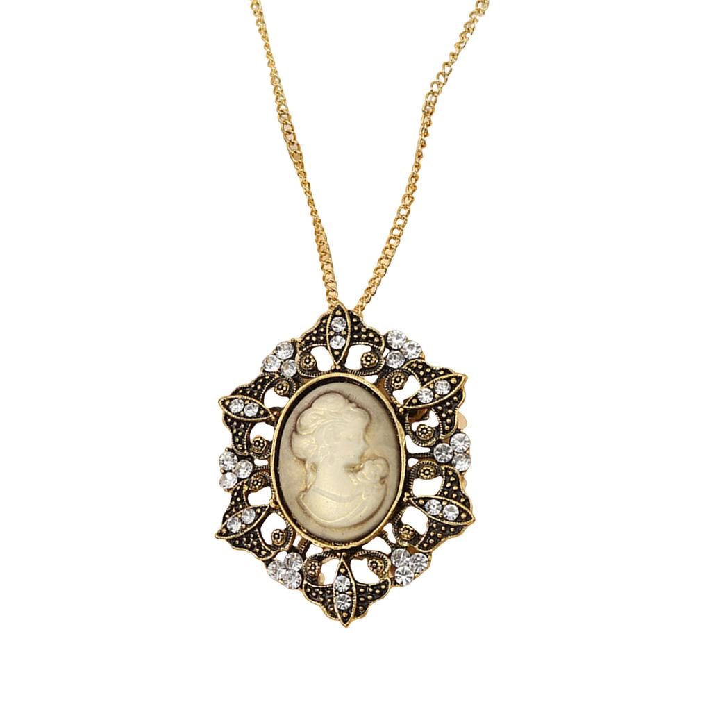Oval Cameo Pendant Necklace with Crystal Rhinestones Handmade Vintage Jewelry Accessory Stylish Outfit Enhancer