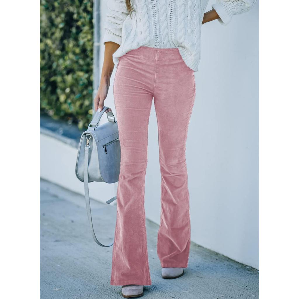 Women's High Rise Elastic Waist Corduroy Slim Fit Flare Pants Solid Color Commuter Casual Long Trousers