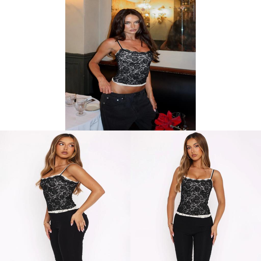 Lace Panel Black Sleeveless Top With Nylon Blend For Adult Night Out Fashion