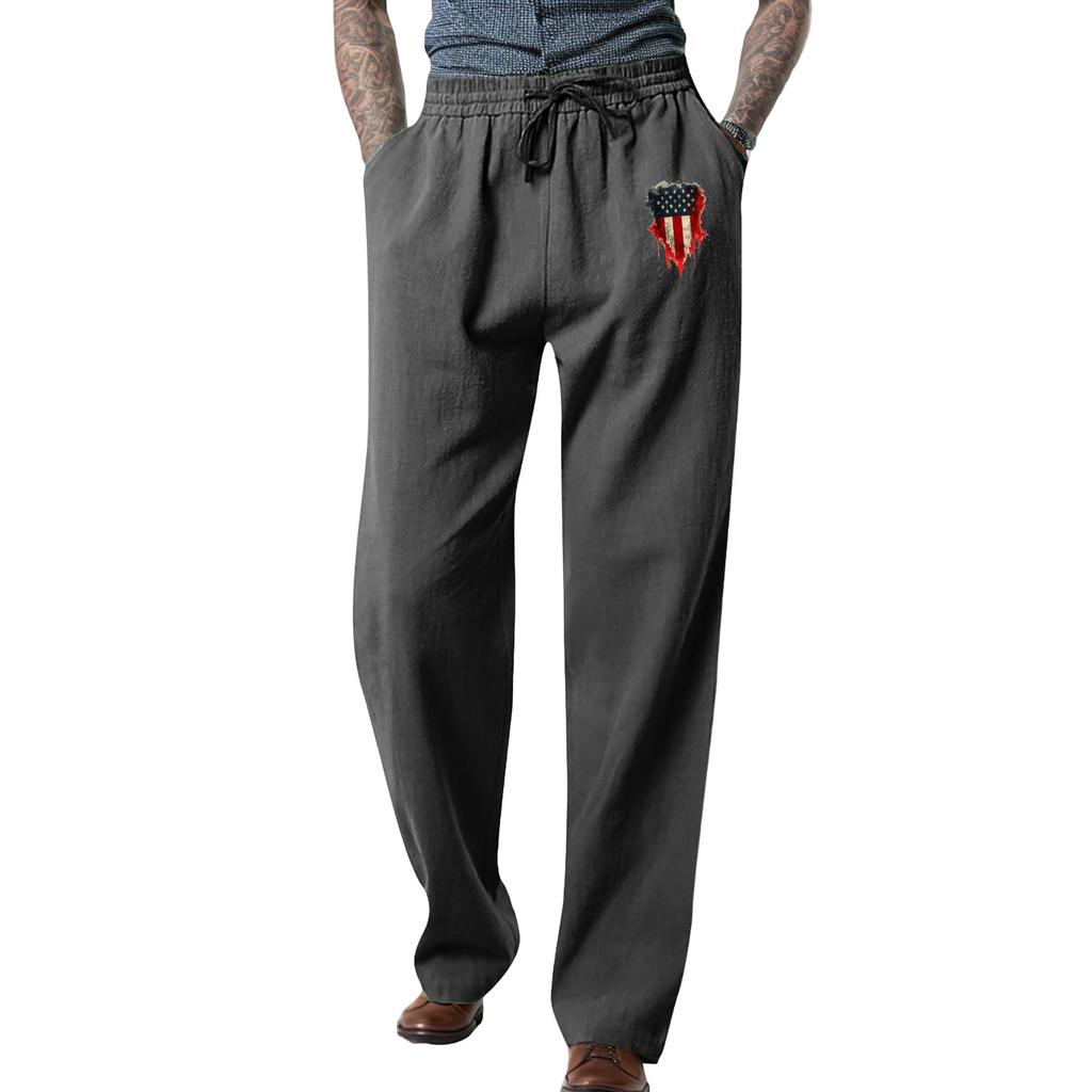 Men's Loose Casual Color Cotton Linen Trousers Elastic Tie Printed Straight Pants