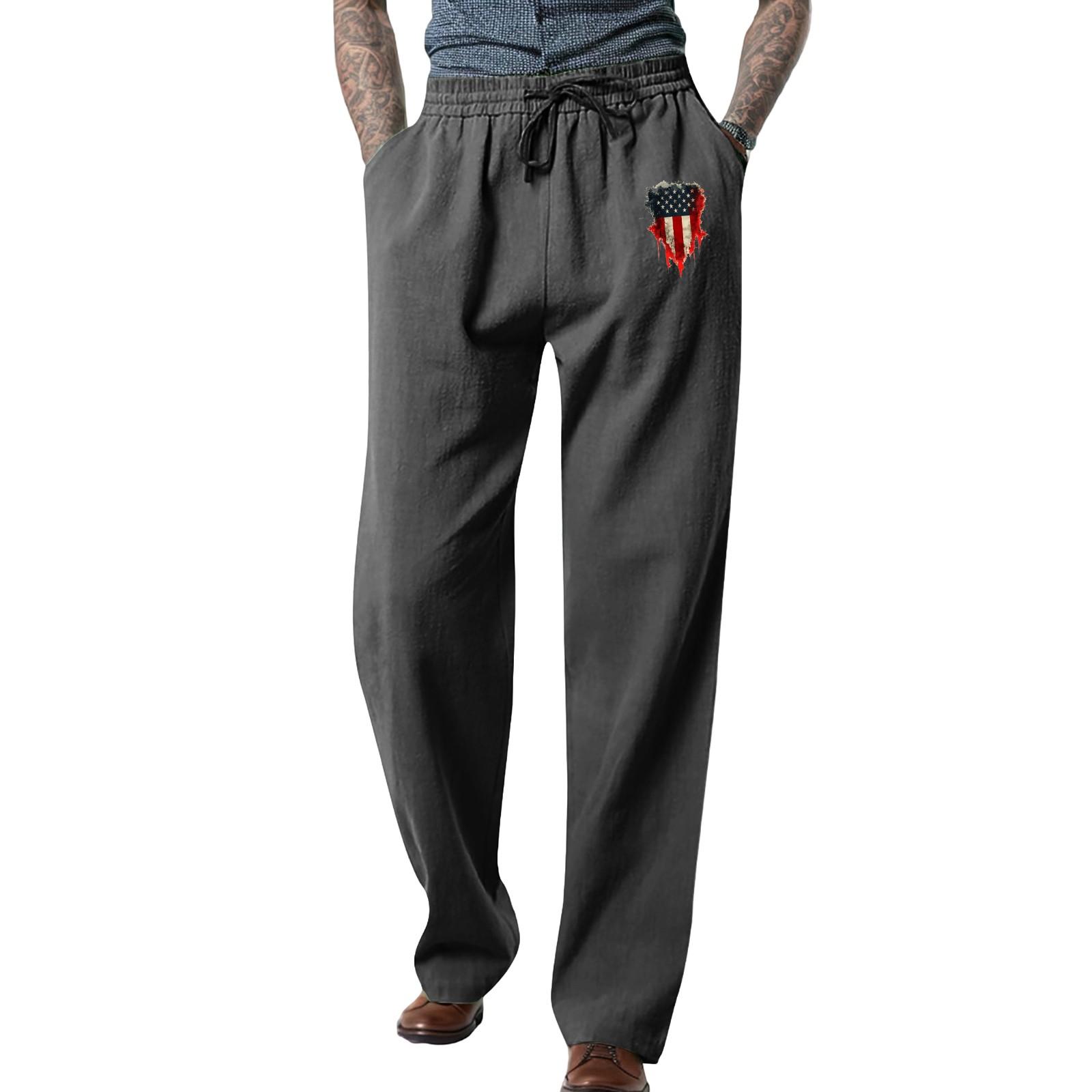 

Мужские свободные повседневные однотонные хлопковые льняные брюки с эластичным галстуком и принтом, прямые брюки L