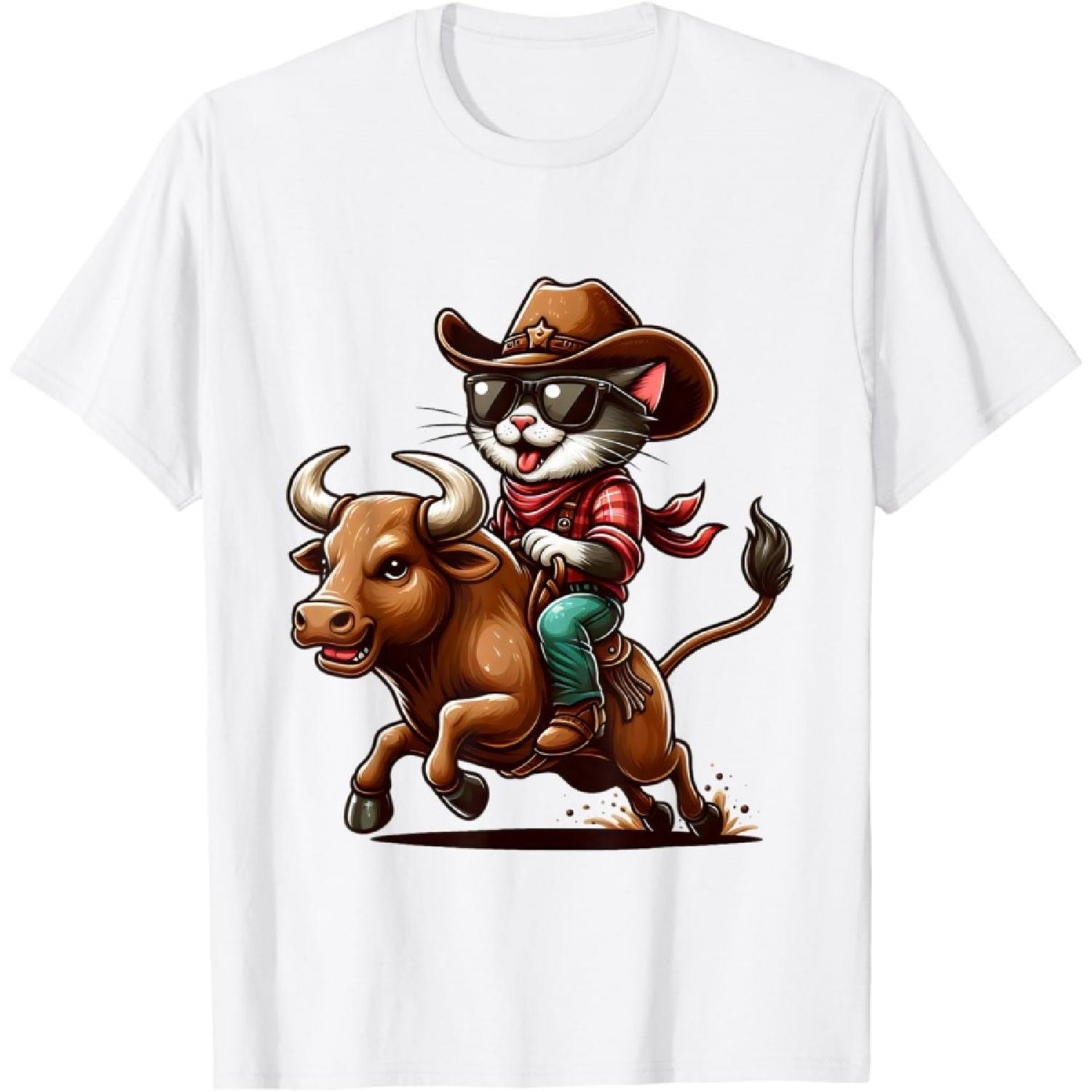Funny Cowboy Cat Riding Bull Western Country Cat Rodeo T-Shirt XXXXXL белый