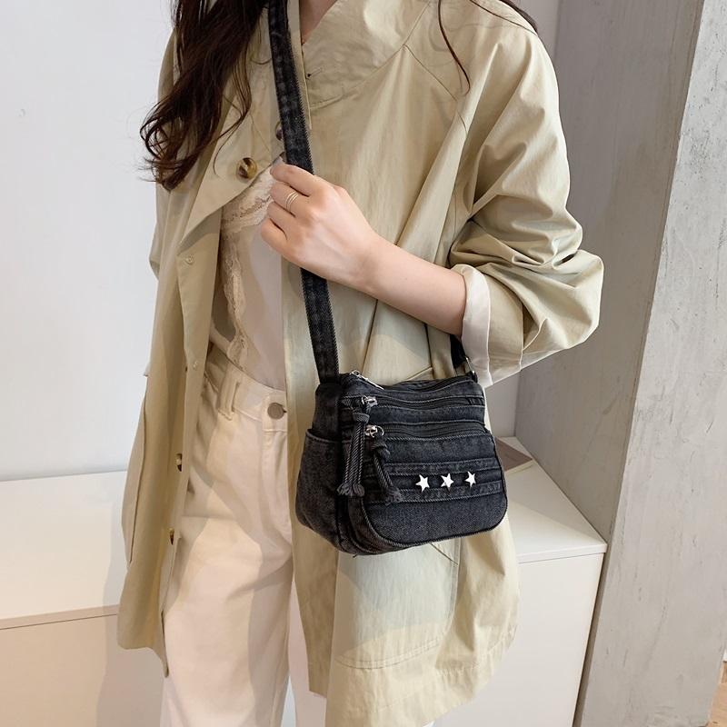 Womens Denim Crossbody Bag Casual Small Shoulder Purse Multi Zipper Handbag for Daily Use