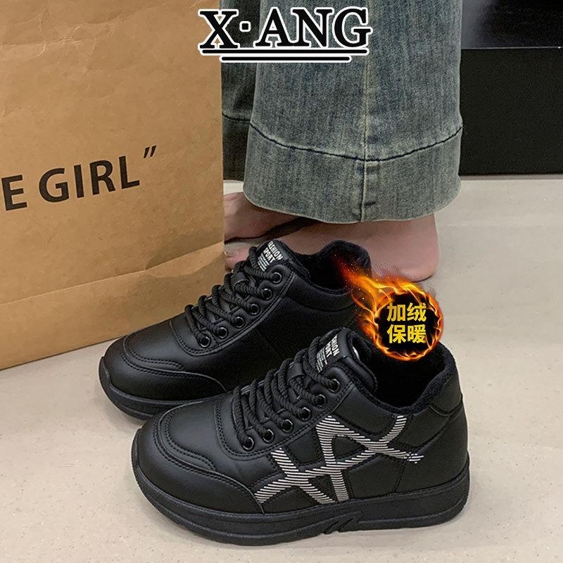 Leather High-top Shoes Women's Shoes Casual Sports Shoes Women's New Autumn and Winter Thick-soled Velvet Thermal Cotton Shoes