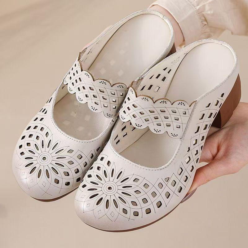 Women's Summer New Leather Hollow Out Block Heel Sandals Soft Sole Non Slip Baotou Outdoor Half Slippers High Heel Sandals