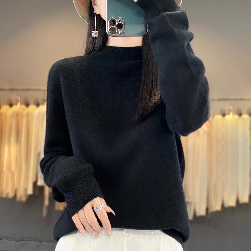 Cross-Border Autumn/Winter Women's Slim Fit Trendy Semi-High Neck Soft Knit Sweater.