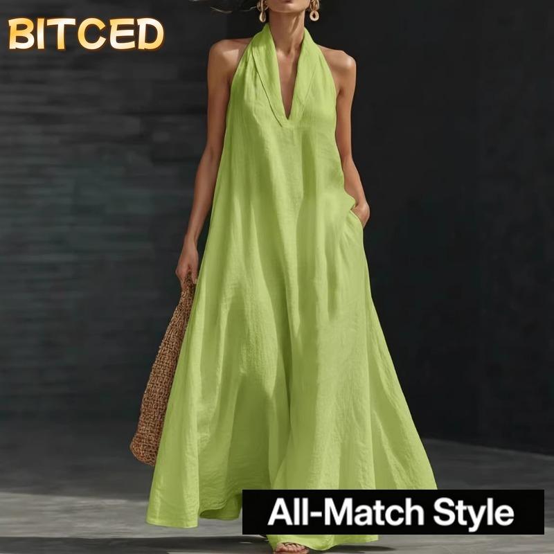 BITCED Women's Fashion Summer Spring Solid Color Print V-Neck Sleeveless Casual Dresses