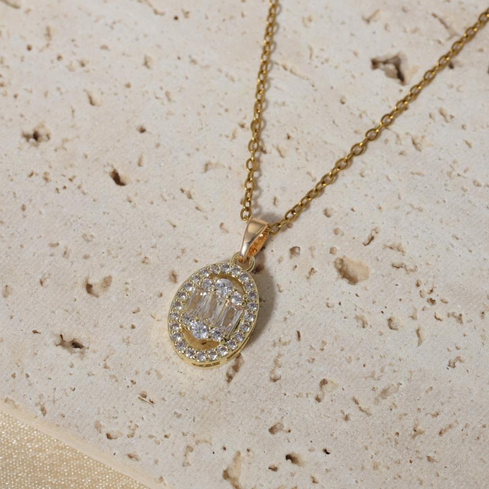 Elegant Oval Zirconia Drop Necklace, Golden Vintage Statement Jewelry