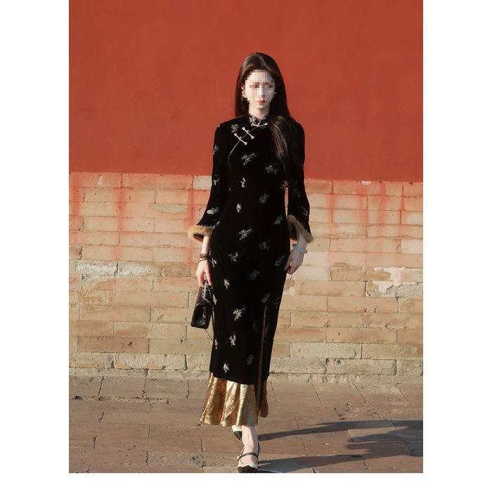 

Artistic Retro Women s Fishtail Qipao Dress - Waist-Cinched, Frog Button, Printed, Perfect for Autumn/Winter Large слоновая кость