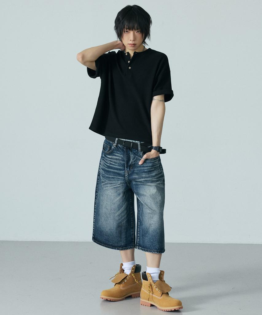 LXT Waffle Henley Neck Crop Short Sleeve T-Shirt [Black]