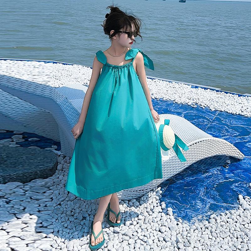 Skirt summer new sweet loose and thin design lace-up suspender dress women s seaside vacation dress women S синий