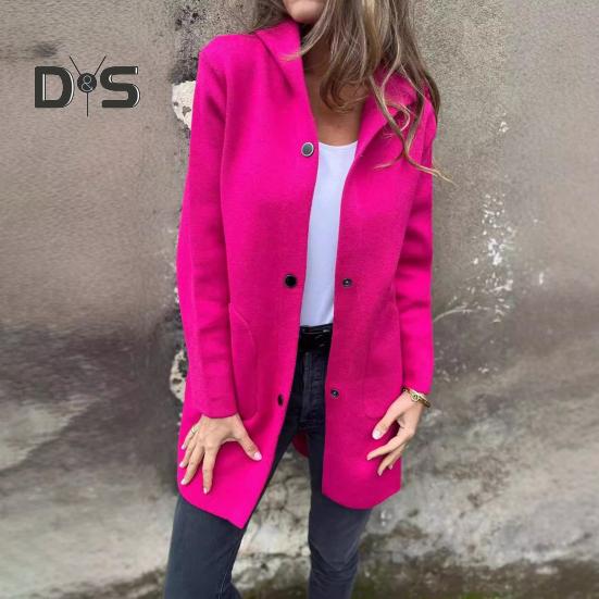 Kaufe Damen Wolljacke mit Kapuze, einfarbig, einreihig, mittellang