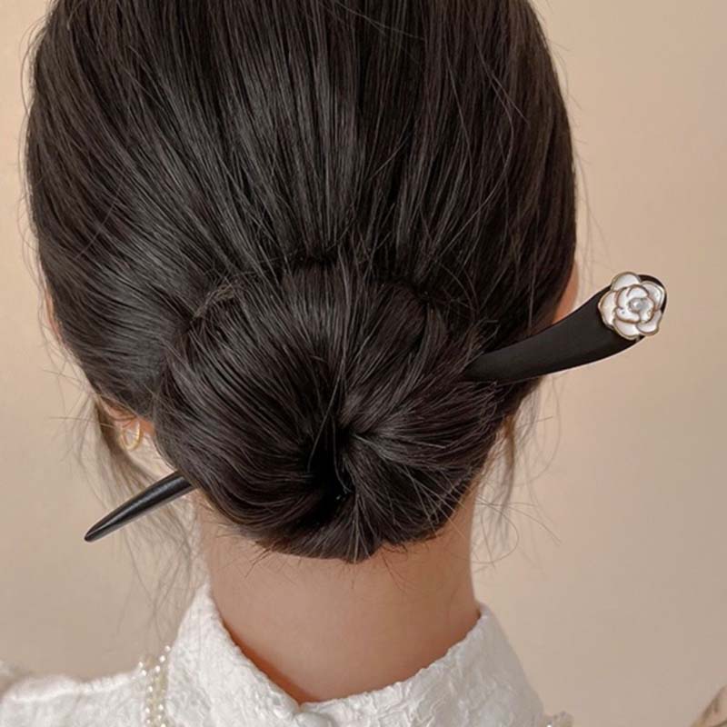 Vintage Black Camellia Wood Hair Sticks For Women Girl Fashion Classic Ethnic Flower Hair Clips Pins Hair Styling Accessories