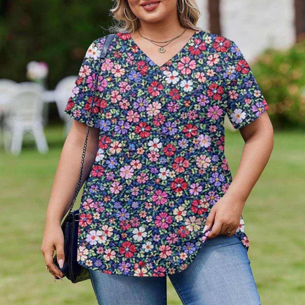 Damska Modna Codzienna Luźna Bluzka Plus Size z Krótkim Rękawem Elegancka z Dekoltem V Do Pracy