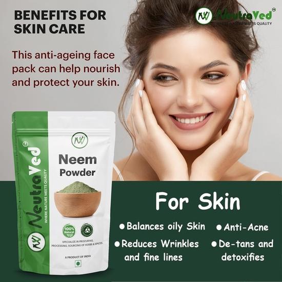 NeutraVed Neem Leaves Powder 200g, Organic Pure & Natural For Pimple-free Clear Skin, silky hair & Hair Cleanser, 200g