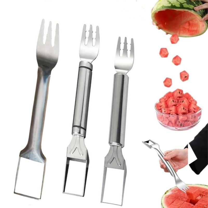 2-in-1 Stainless Steel Fruit Cutter,Dual Head Watermelon Fork Cutter Slicer Tool for Home Kitchen Gadget Melon Cube Cutter