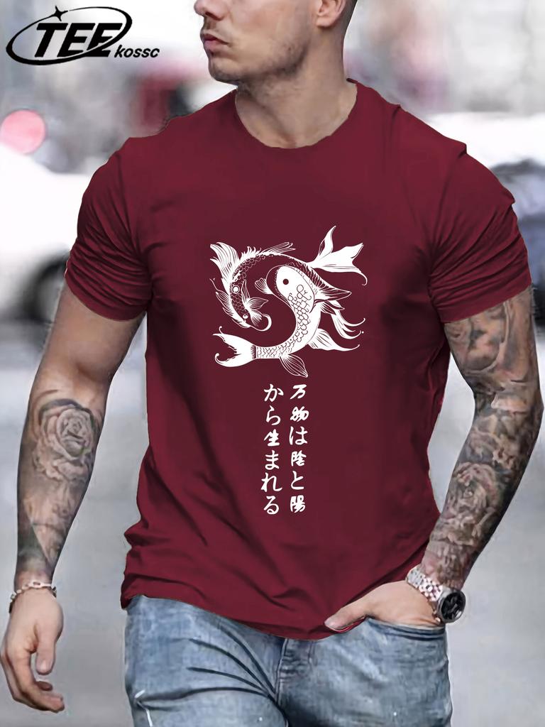 Japanese Harajuku Koi Art Letter Man T Shirt Hip Hop AllMatch Top Casual Cotton Short Sleeve Crewneck Unisex Oversize TShirt