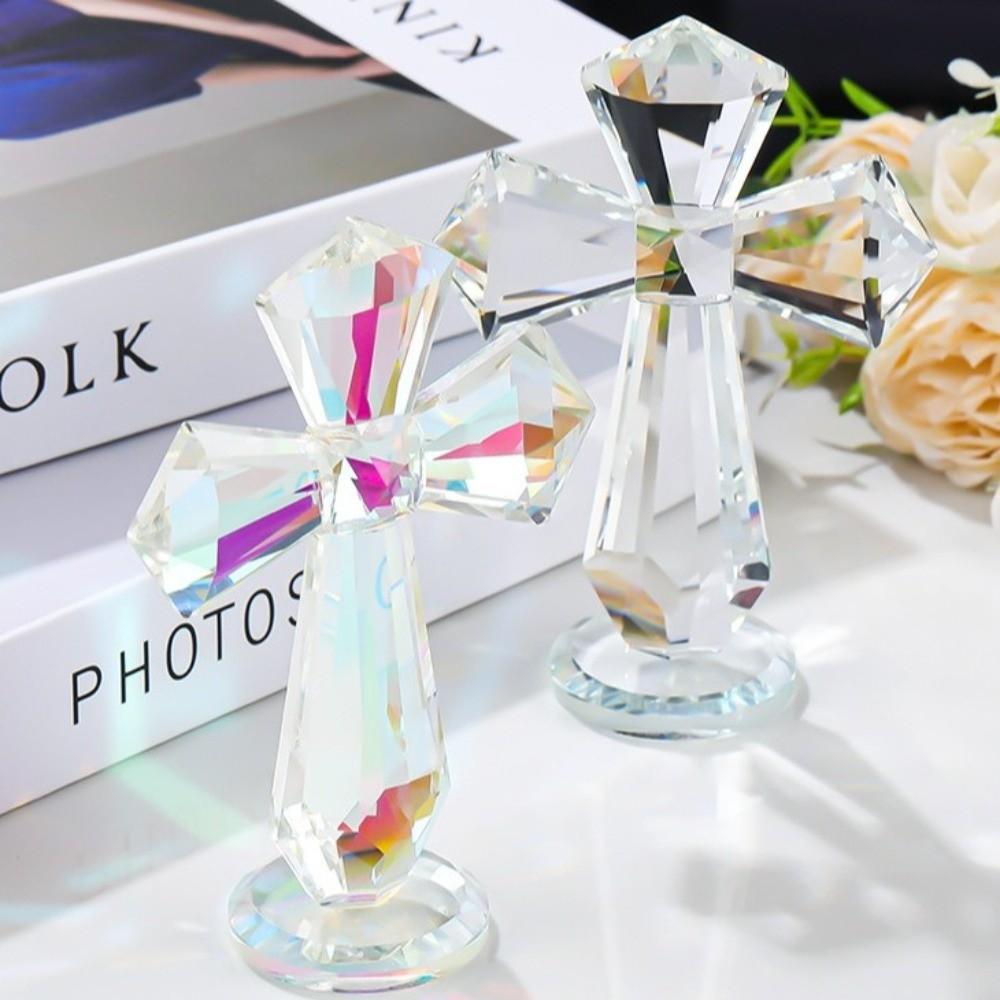 Crucifix din Cristal Sculptat Manual Design Fațetat 360° Ornament de Staționare Cadou Spiritual Creștini Cristal Culoare AB Figurină Religioasă