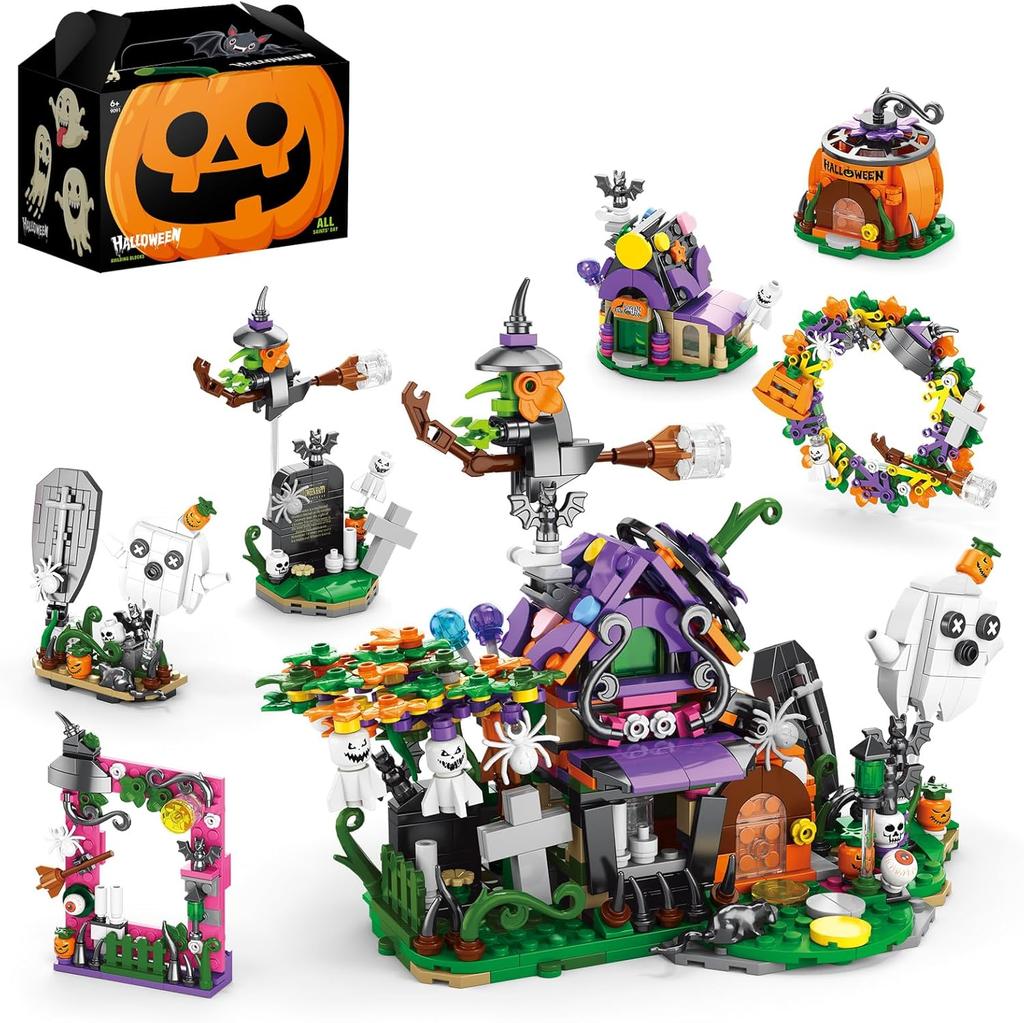 6 in 1 Halloween Prank Haunted House Small Particle Building Blocks Set Assembly Model Puzzle Toy Holiday Gifts for Children